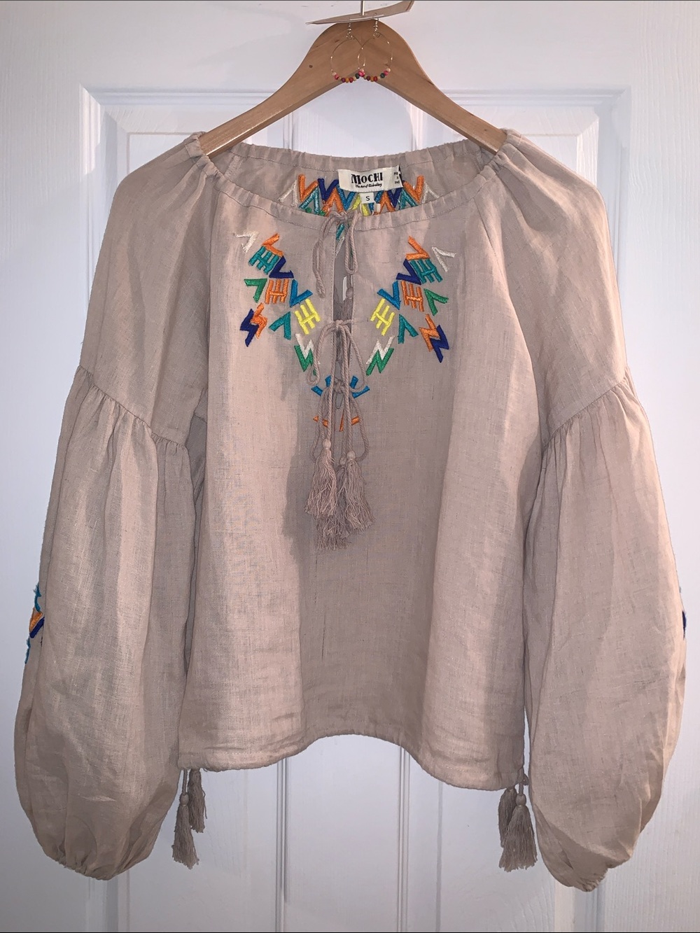 Beige Embroidered Peasant Blouse with Tassel Tie with earrings